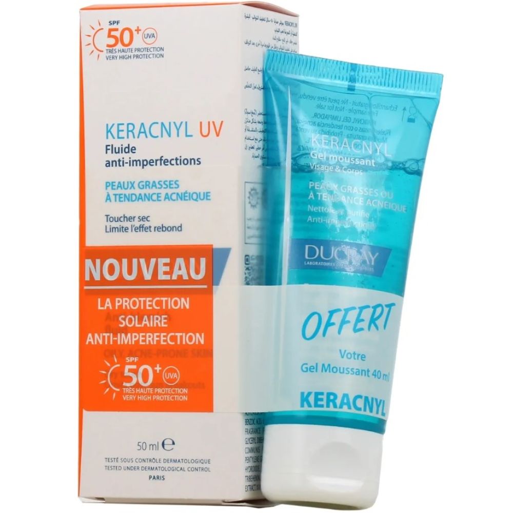 Ducray - Keracnyl UV SPF50+ fluide anti imperfections 50ml + Keracnyl gel moussant 40ml