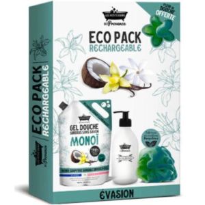 Ageti - Eco pack rechargeable avec gel douche monoï 900ml et flacon verre 250ml